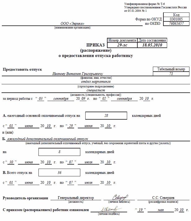 Приказ на компенсацию отпуска образец при увольнении