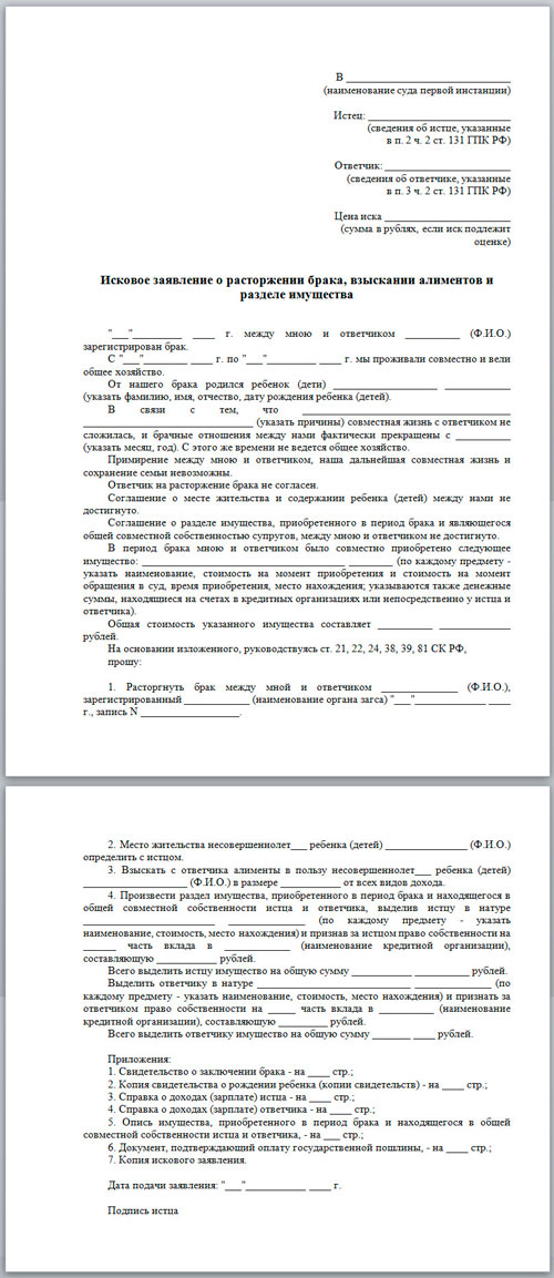 Образец заявления о разводе и разделе имущества через суд