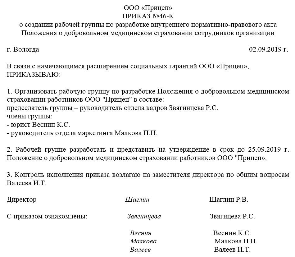 Приказ о внедрении дмс в организации образец