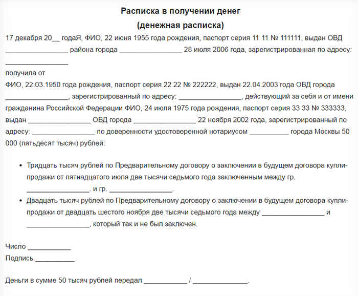 Образец расписки о получении