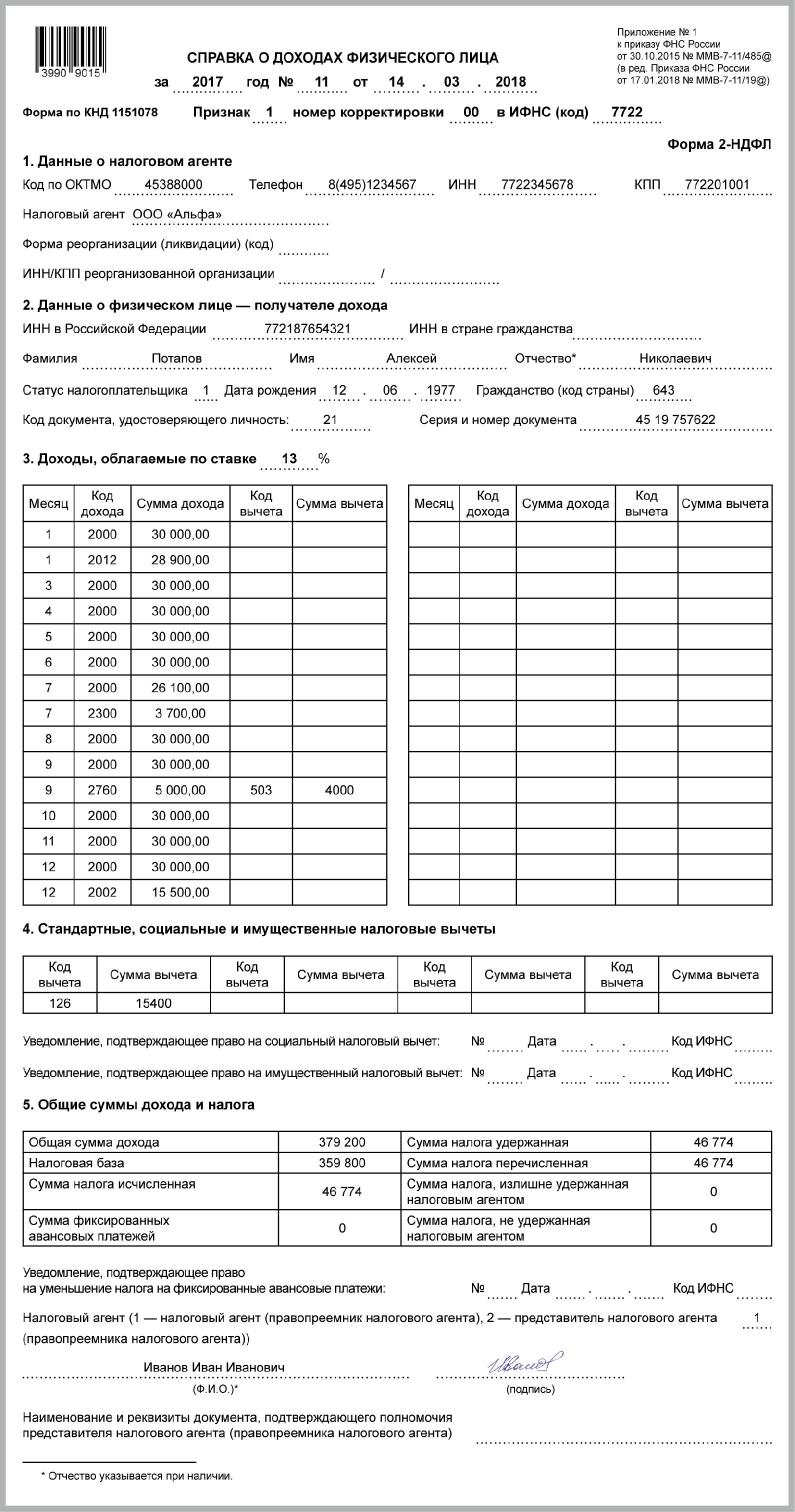 Справка ндфл образец