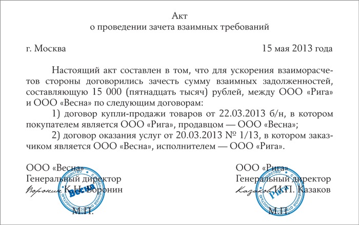 Соглашение о зачете денежных средств с одного договора на другой образец