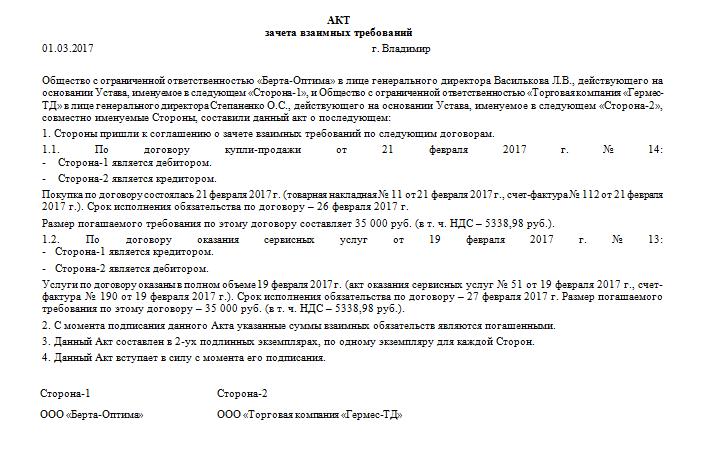 Соглашение о взаимозачете между юридическими лицами образец