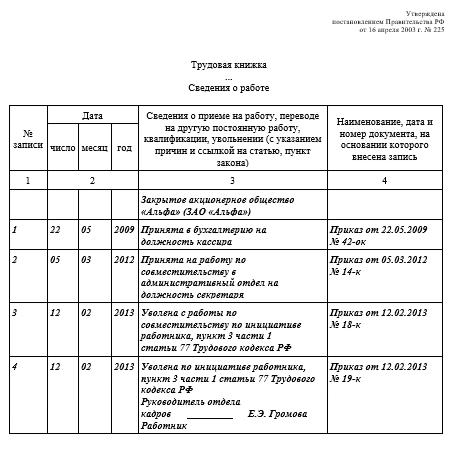 Запись о работе по совместительству в трудовую книжку образец