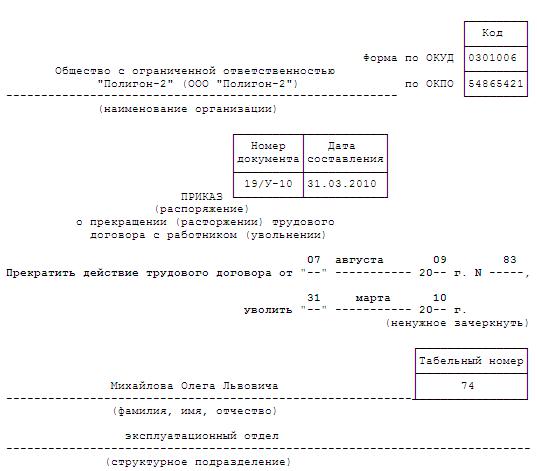 Приказ об увольнении по собственному желанию внешнего совместителя образец