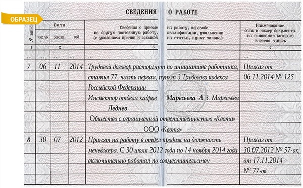 Запись в трудовую об увольнении по внутреннему совместительству образец