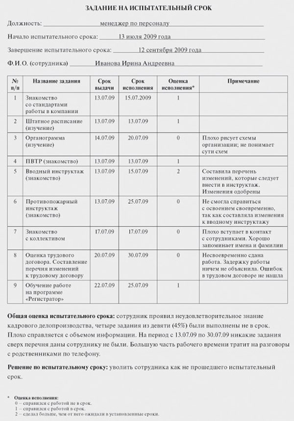 Индивидуальный план работы на испытательный срок образец